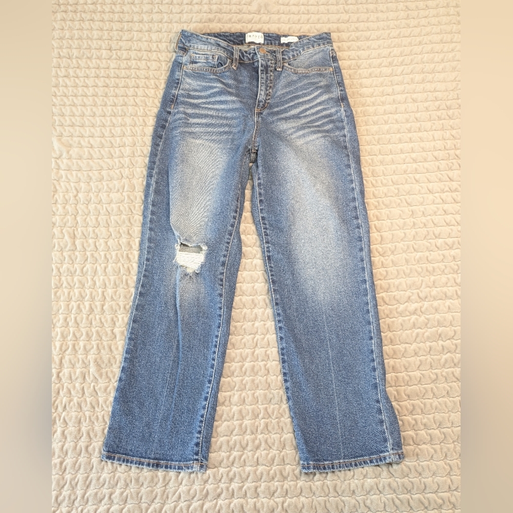 Frayed Women’s Size 29 High Rise Straight Jeans Medium Wash Distressed Cropped